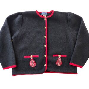 Pendleton Vintage 100% merino wool Black Red Tassels Button Cardigan Sweater